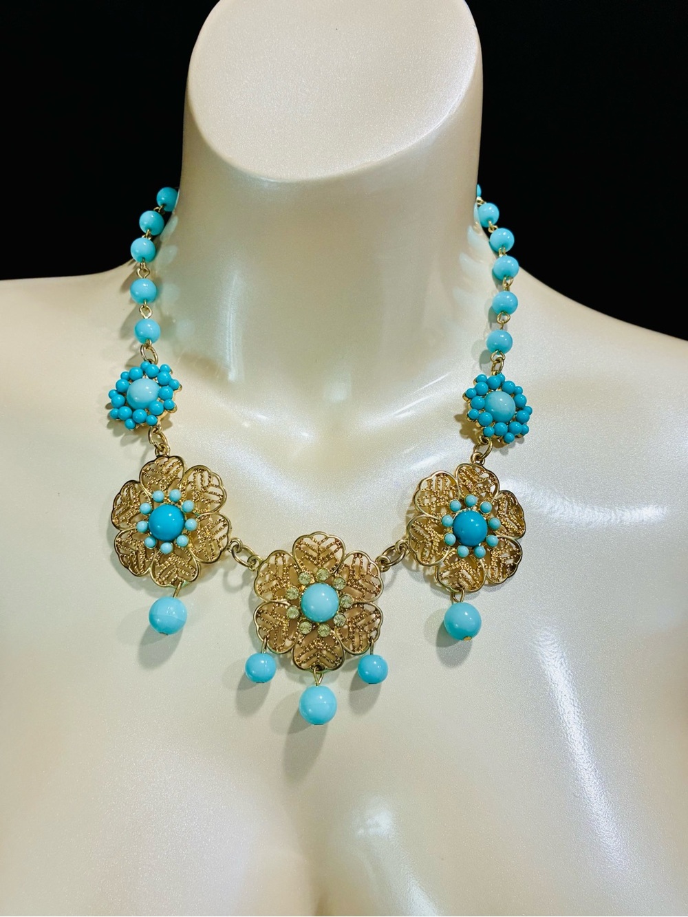 Turquoise Bead & Gold Flower Statement Necklace Renaissance Revival Bridgerton